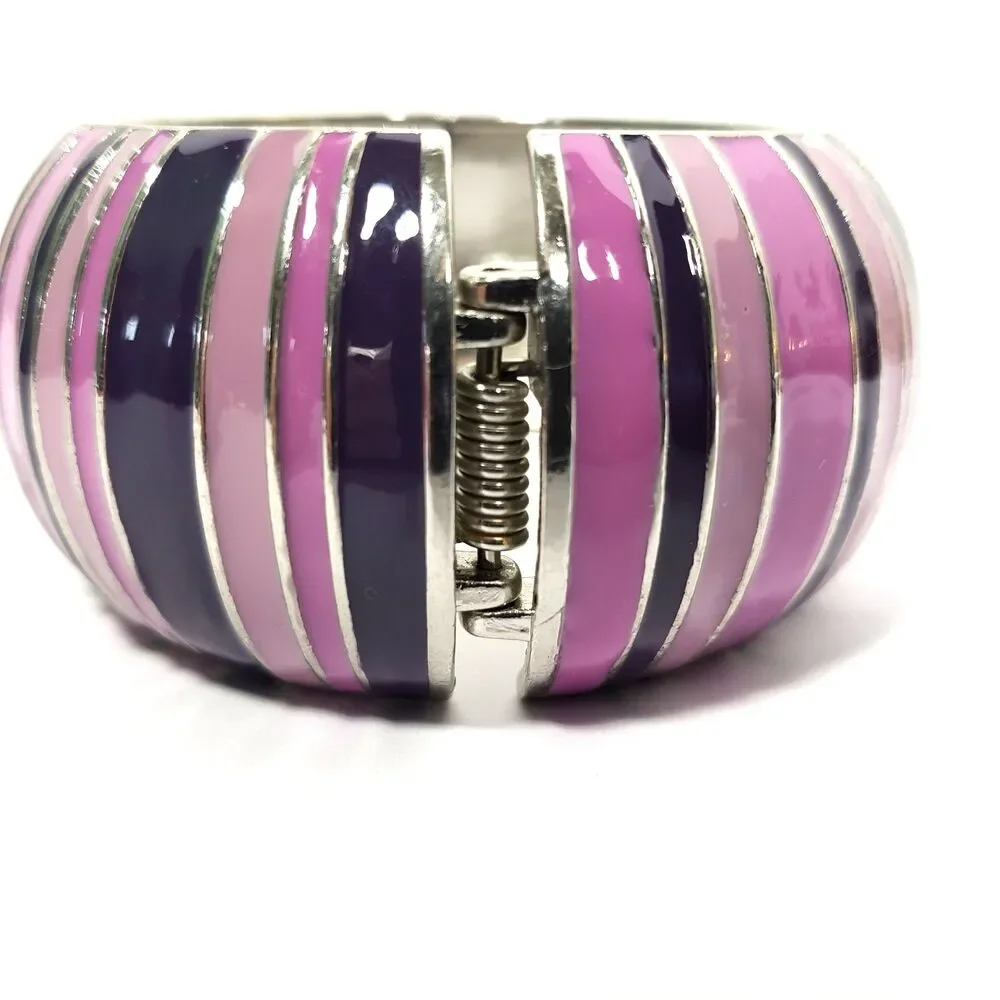 Clamper Cuff Bracelet Silver Tone Pink Purple Metal Chunky Domed 2